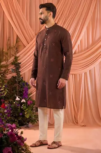 Maroon men’s linen cotton embroidered kurta pajama set
