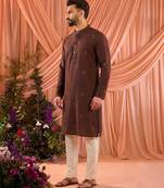 Maroon men’s linen cotton embroidered kurta pajama set
