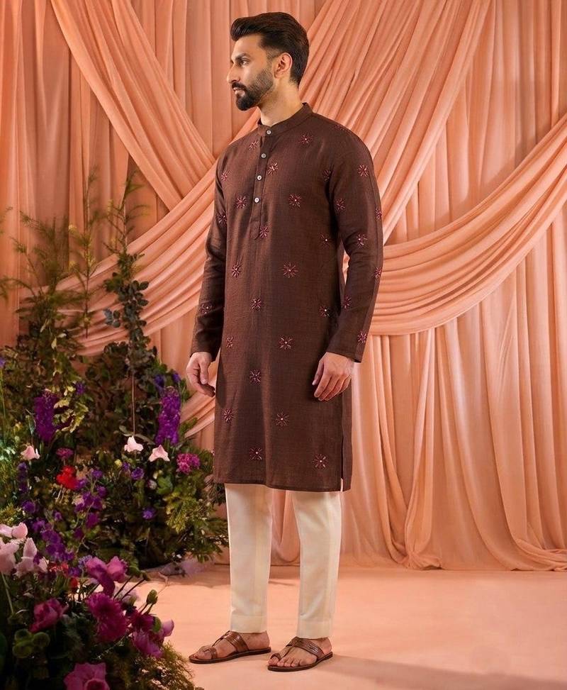 Maroon men’s linen cotton embroidered kurta pajama set