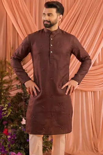 Maroon men’s linen cotton embroidered kurta pajama set
