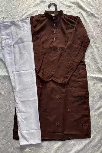 Maroon men’s linen cotton embroidered kurta pajama set