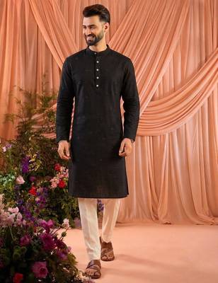 Black men’s linen cotton embroidered kurta pajama set 1