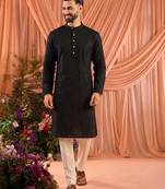Black men’s linen cotton embroidered kurta pajama set