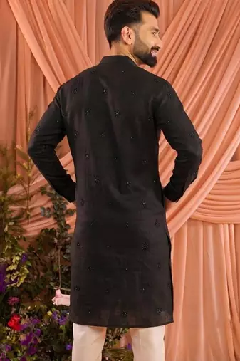 Black men’s linen cotton embroidered kurta pajama set