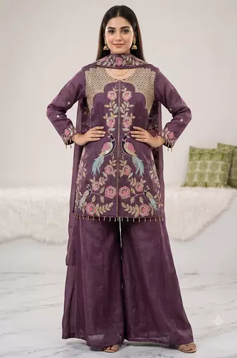 Lavender embroidered front slit kurti with sharara set