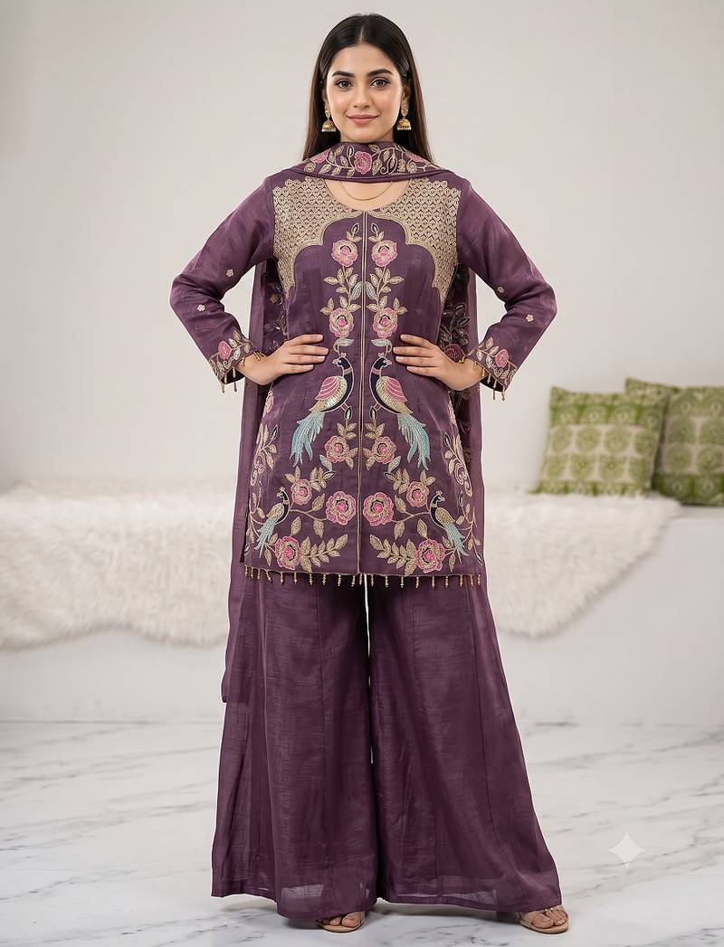 Lavender embroidered front slit kurti with sharara set