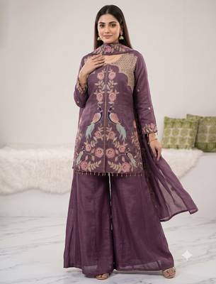 Lavender embroidered front slit kurti with sharara set 2