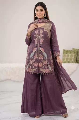 Lavender embroidered front slit kurti with sharara set