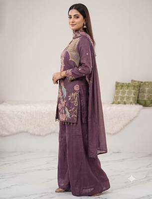 Lavender embroidered front slit kurti with sharara set 3