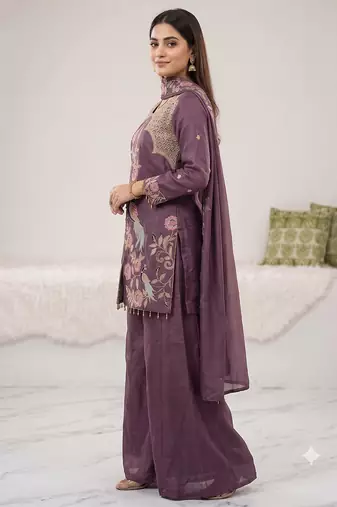 Lavender embroidered front slit kurti with sharara set
