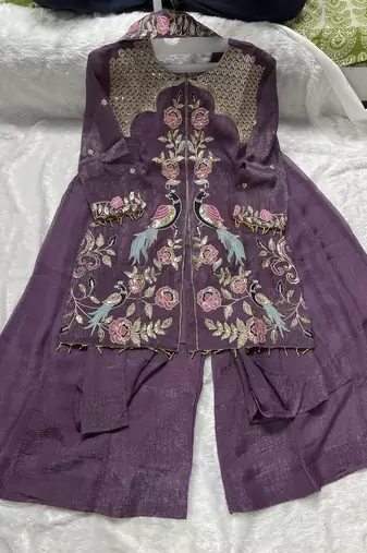 Lavender embroidered front slit kurti with sharara set