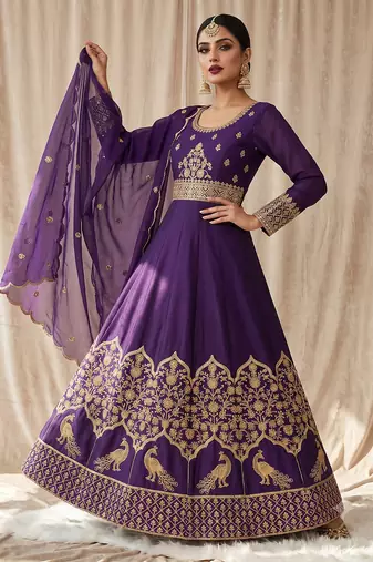 Royal purple embroidered anarkali gown with dupatta