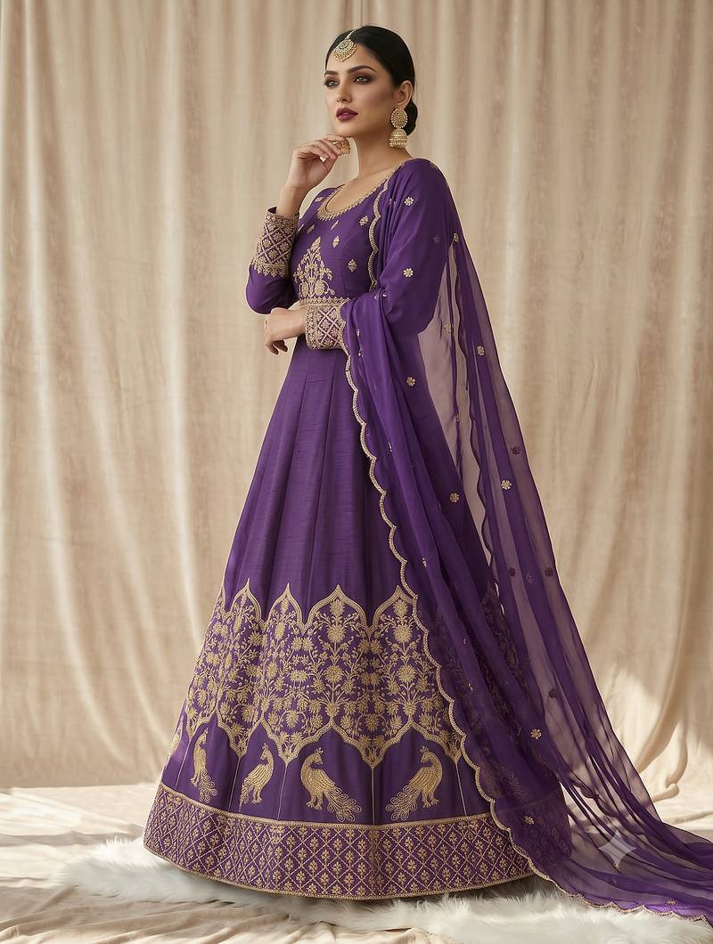 Royal purple embroidered anarkali gown with dupatta