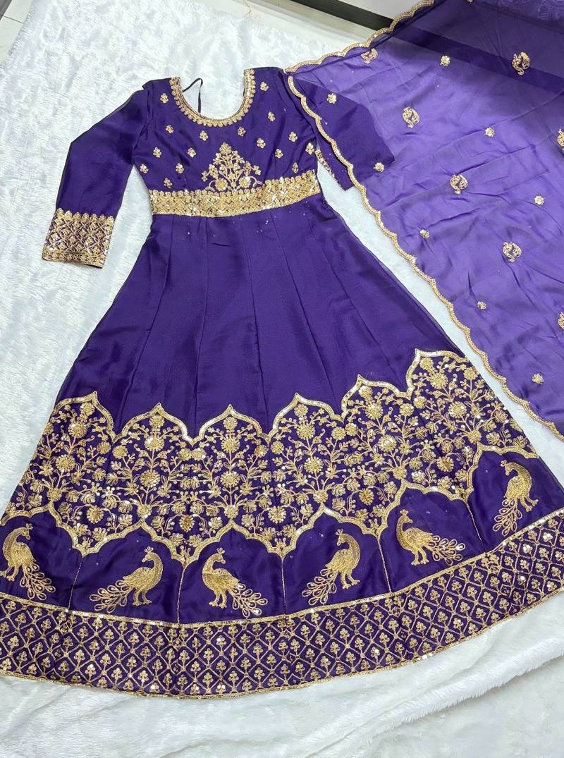 Royal purple embroidered anarkali gown with dupatta