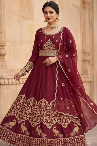 Red embroidered anarkali gown with dupatta