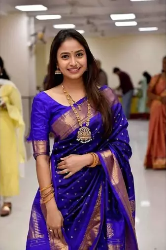 Royal blue silk blend woven with banarasi silk