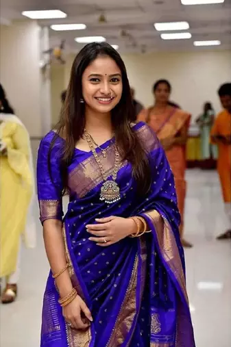 Royal blue silk blend woven with banarasi silk