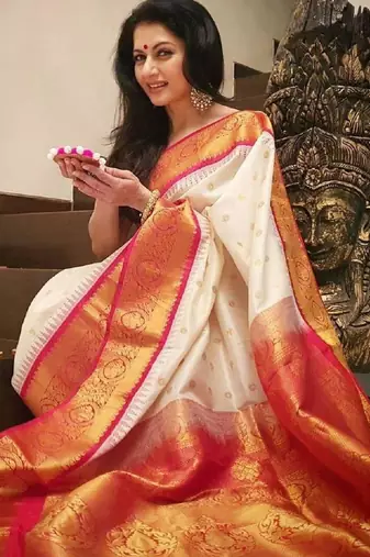 Off white silk blend woven with banarasi silk
