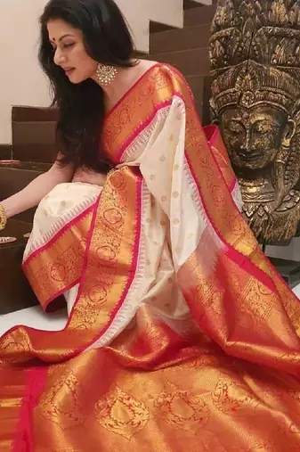 Off white silk blend woven with banarasi silk