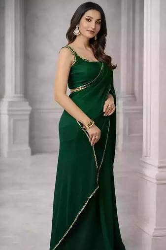 Dark green georgette plain with lace