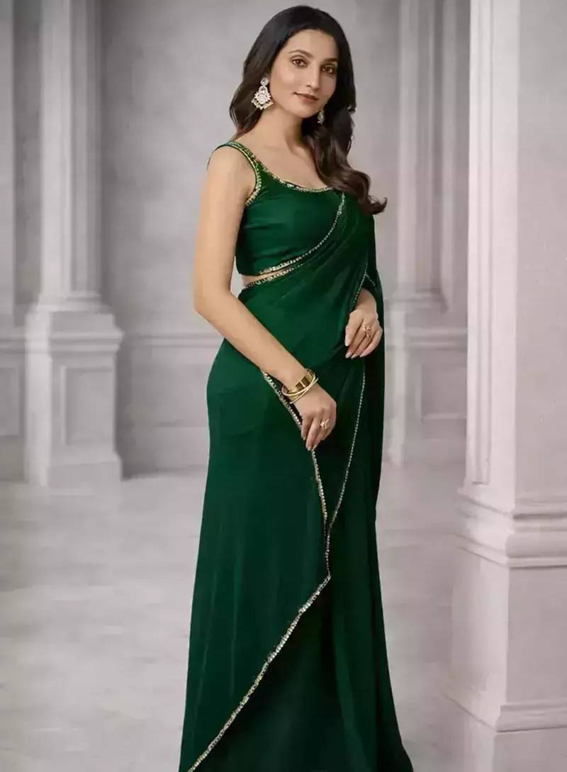 Dark green georgette plain with lace