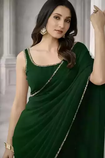 Dark green georgette plain with lace