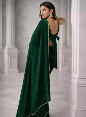 Dark green georgette plain with lace 3
