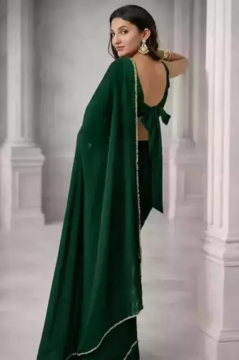 Dark green georgette plain with lace