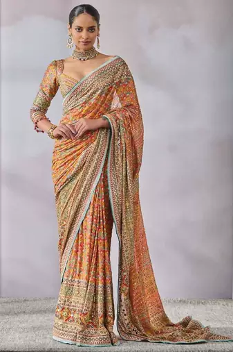 Multicolor silk blend printed with mirror work