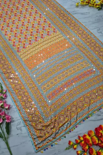 Multicolor silk blend printed with mirror work