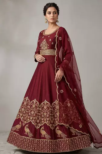 Red embroidered anarkali gown with dupatta