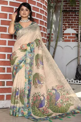 Beige cotton poly printed with floral print