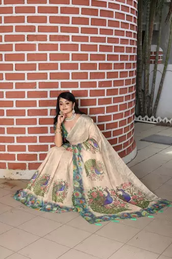 Beige cotton poly printed with floral print