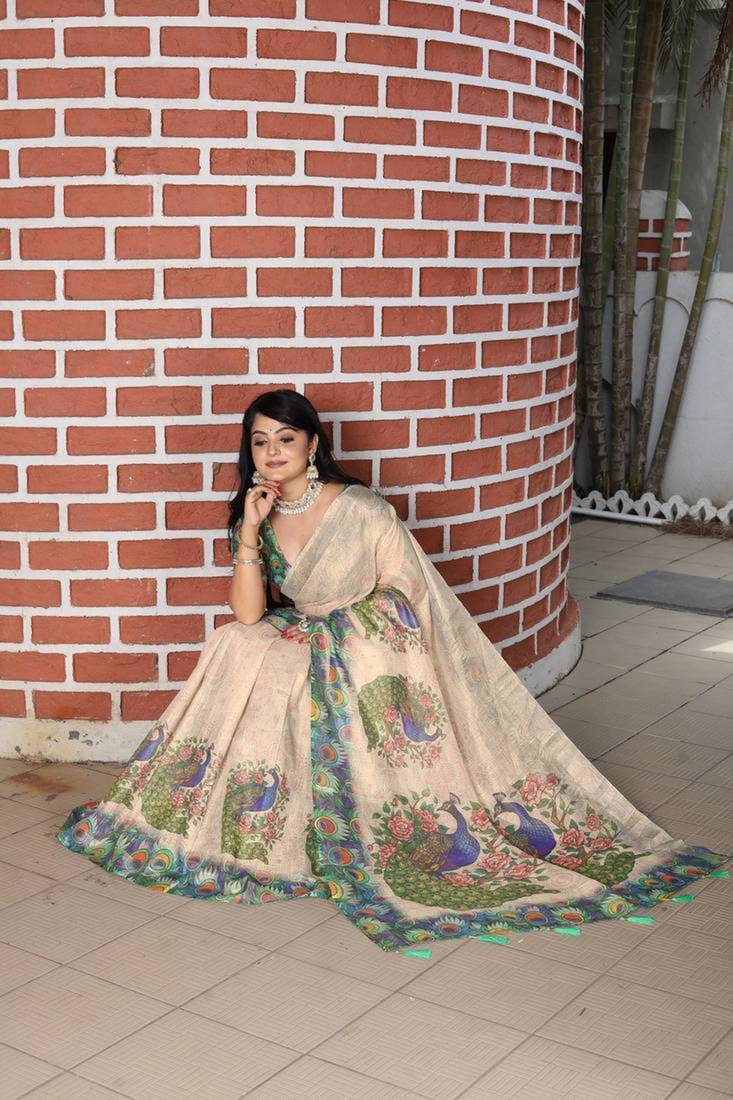 Beige cotton poly printed with floral print
