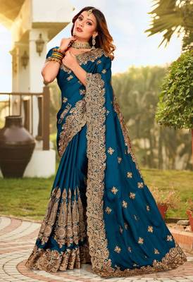 Teal satin embroidered with resham embroidery 1