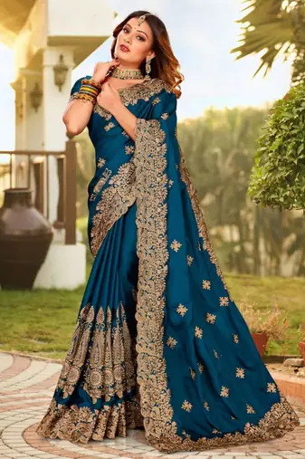 Teal satin embroidered with resham embroidery