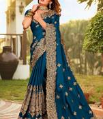 Teal satin embroidered with resham embroidery