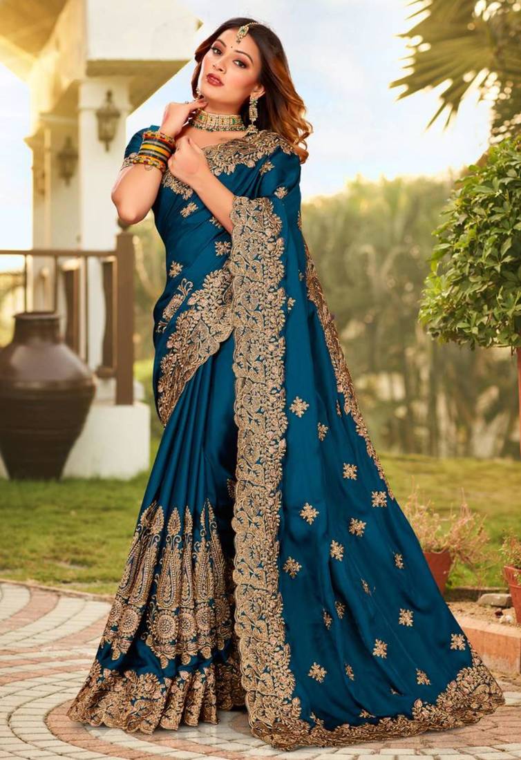Teal satin embroidered with resham embroidery