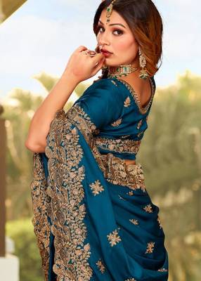 Teal satin embroidered with resham embroidery 2