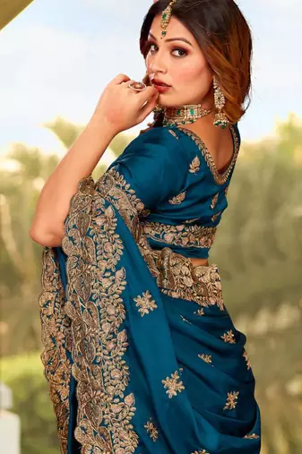 Teal satin embroidered with resham embroidery