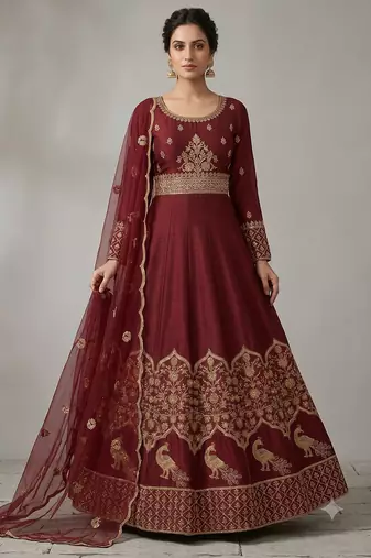 Red embroidered anarkali gown with dupatta