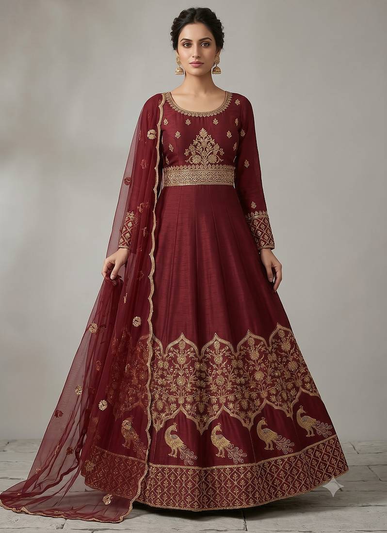 Red embroidered anarkali gown with dupatta