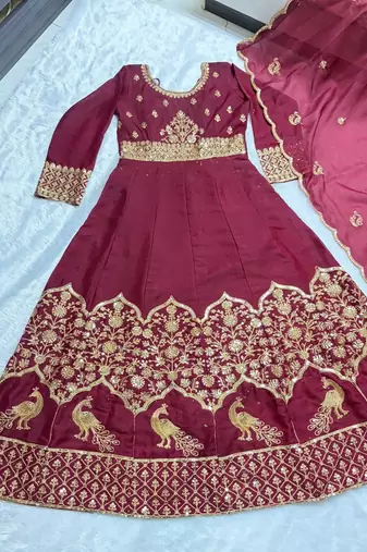 Red embroidered anarkali gown with dupatta