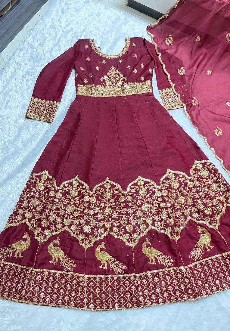 Red embroidered anarkali gown with dupatta