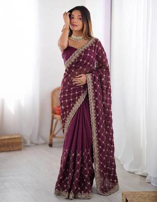 Wine Fendy Silk Blend Beds Sequin Work Saree for Wedding 1