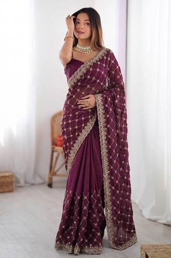 Wine Fendy Silk Blend Beds Sequin Work Saree for Wedding