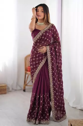 Wine Fendy Silk Blend Beds Sequin Work Saree for Wedding