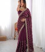 Wine Fendy Silk Blend Beds Sequin Work Saree for Wedding