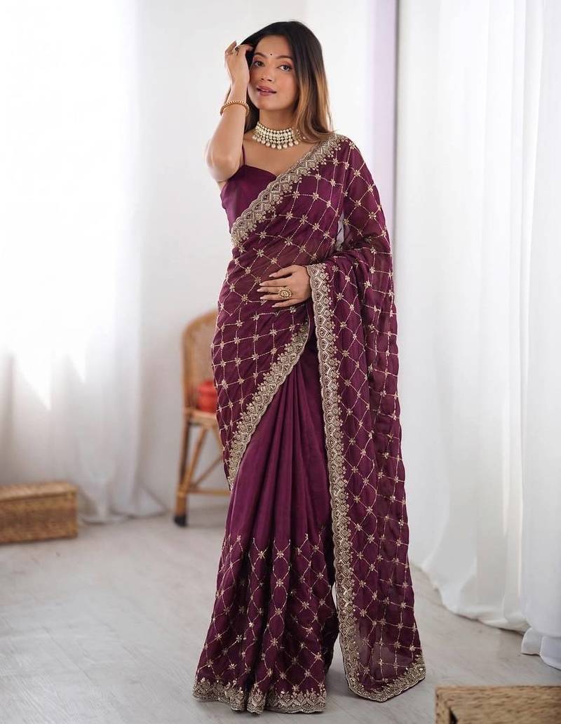Wine Fendy Silk Blend Beds Sequin Work Saree for Wedding