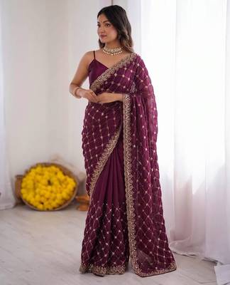 Wine Fendy Silk Blend Beds Sequin Work Saree for Wedding 2